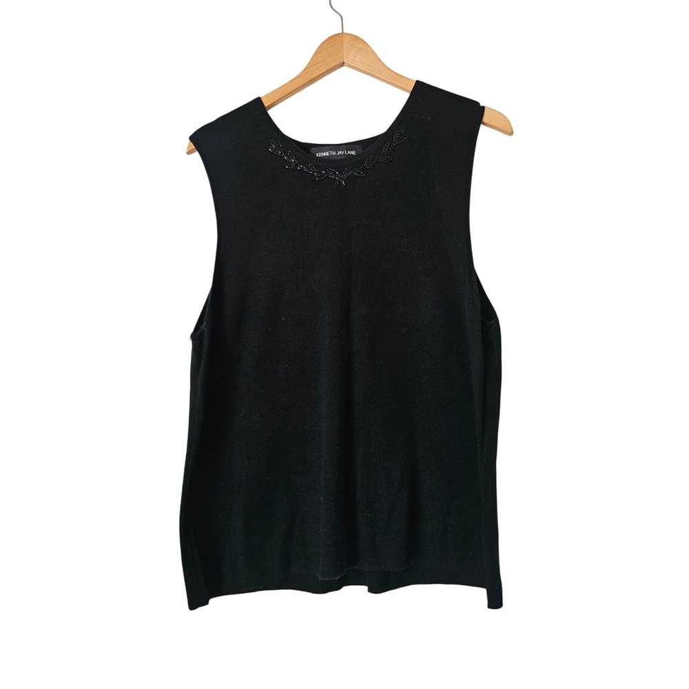 Kenneth Jay Lane Rare 100% Silk Black Beaded Sweater Tank Top Plus Size 2X Y2K